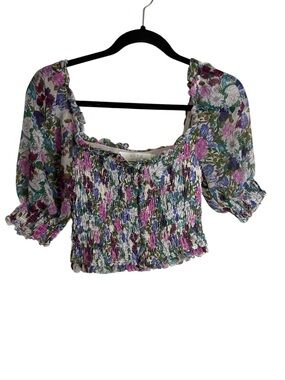 Astr the label Floral Smocked Puff Sleeve Crop Top in Pink, Purple, Green